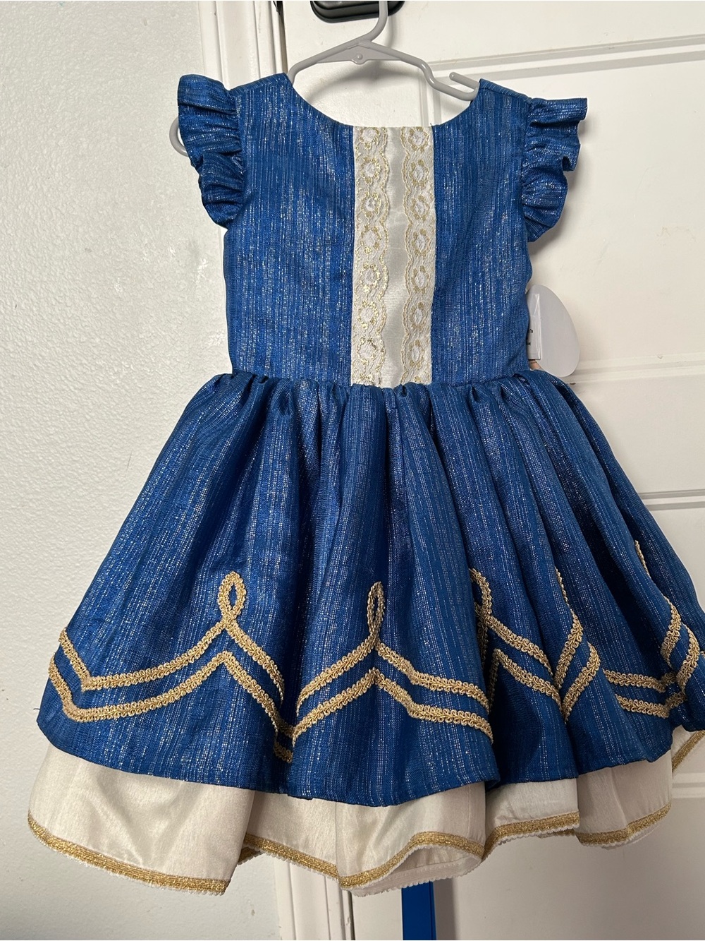 Girls Blue & Gold Party Dress with White Accents